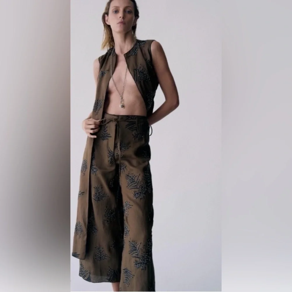 NWOT Zara ZW Collection embroidered hemp wide leg chocolate brown pants
